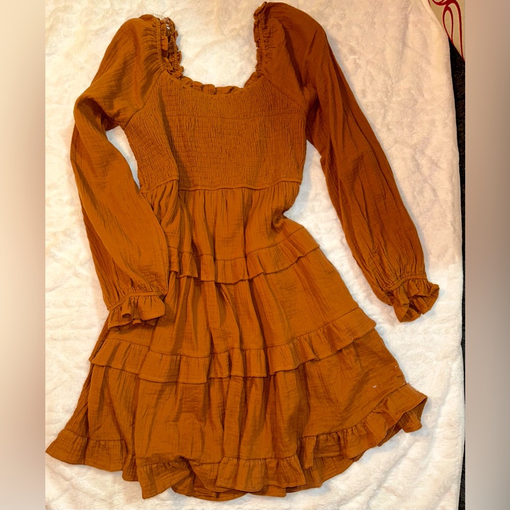 Crepe,  Rust,  Tiered Dress.